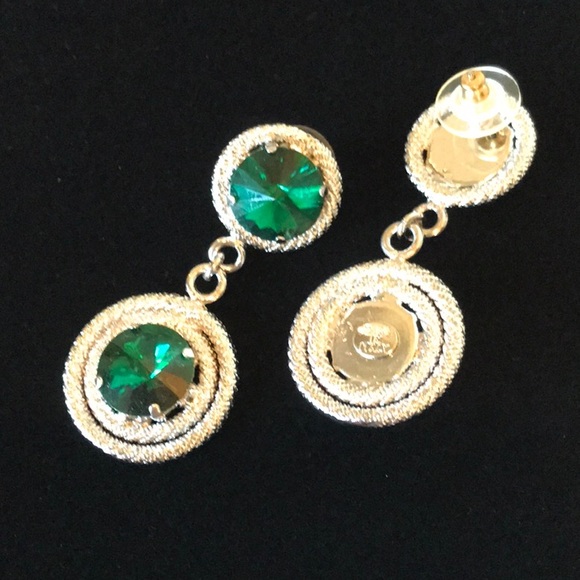 Italian Swarovski Crystal Earrings Emerald&Silver - Picture 2 of 2